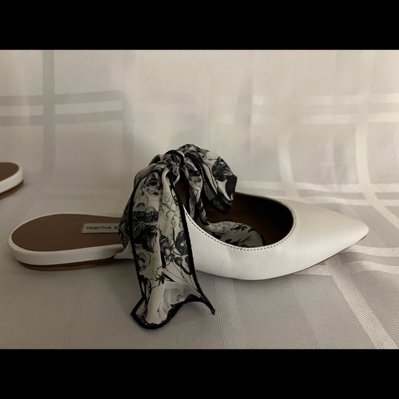 Tabitha Simmons Ada flats. White leather fabric bow tie 6.5 size - Picture 2 of 8
